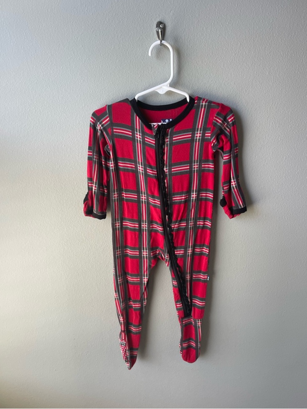 Kickee Pants Red and Black Plaid Christmas Bamboo Footie Pajamas with Ruffles